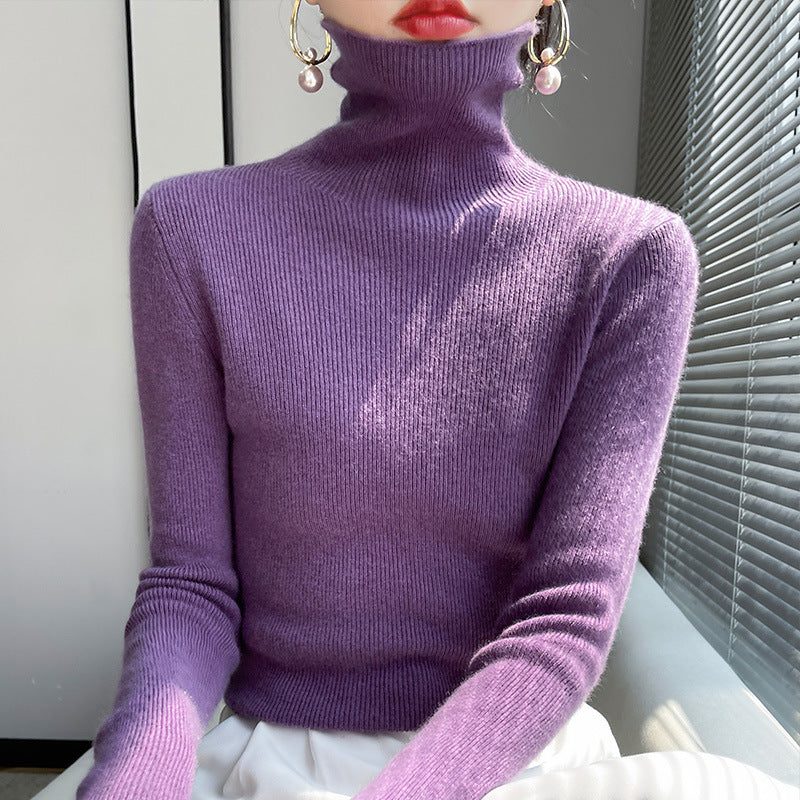 Cashmere Blend Ribbed Knit Turtleneck Sweater for Women - Violet