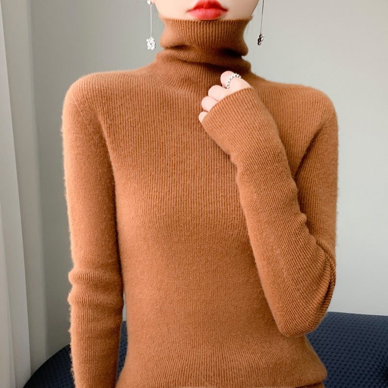 Cashmere Blend Ribbed Knit Turtleneck Sweater for Women - Caramel