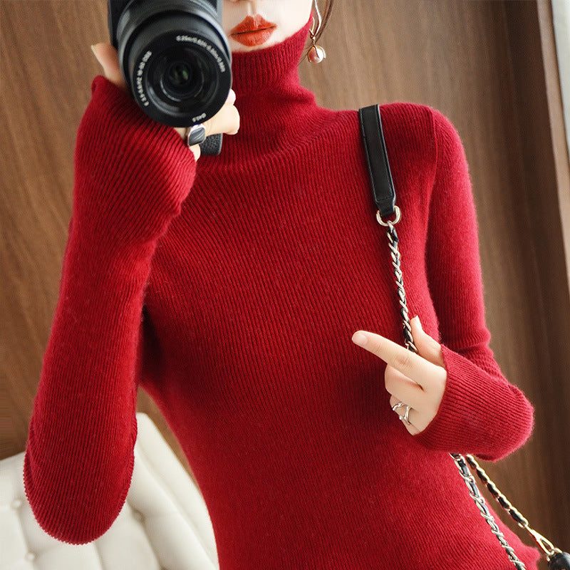 Cashmere Blend Ribbed Knit Turtleneck Sweater for Women - Wine Red