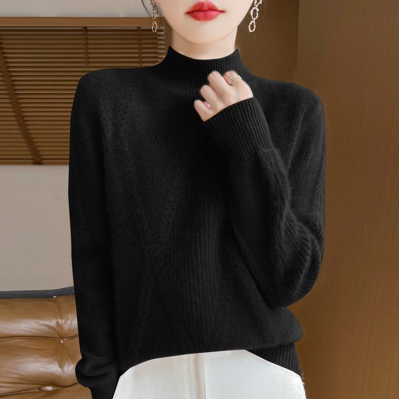 Cashmere Fine Knit Turtleneck Sweater with Openwork Chevron for Women - Black