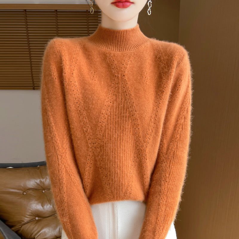 Cashmere Fine Knit Turtleneck Sweater with Openwork Chevron for Women - Pumpkin Orange