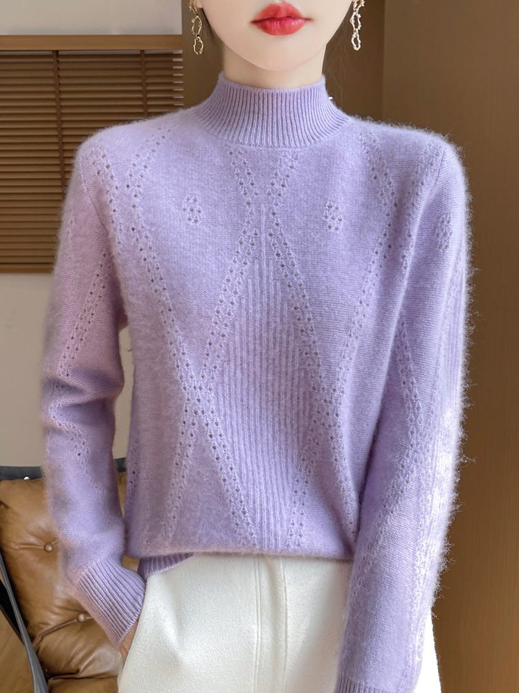 Cashmere Fine Knit Turtleneck Sweater with Openwork Chevron for Women - View 2
