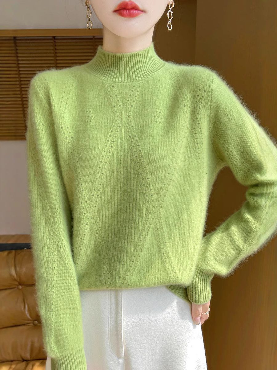 Cashmere Fine Knit Turtleneck Sweater with Openwork Chevron for Women - View 3