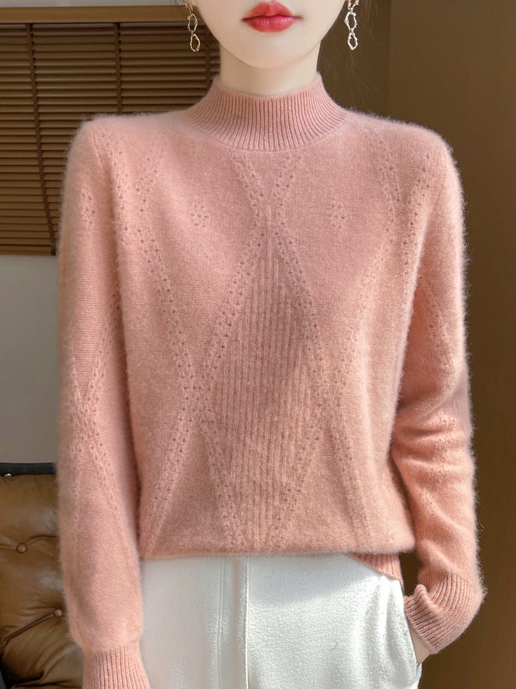 Cashmere Fine Knit Turtleneck Sweater with Openwork Chevron for Women - View 4