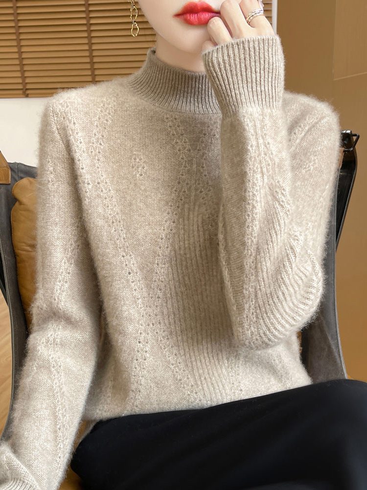 Cashmere Fine Knit Turtleneck Sweater with Openwork Chevron for Women - View 5