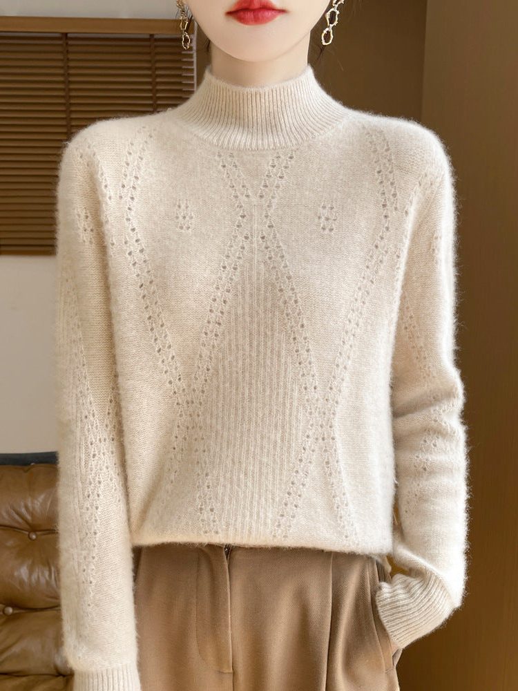 Cashmere Fine Knit Turtleneck Sweater with Openwork Chevron for Women