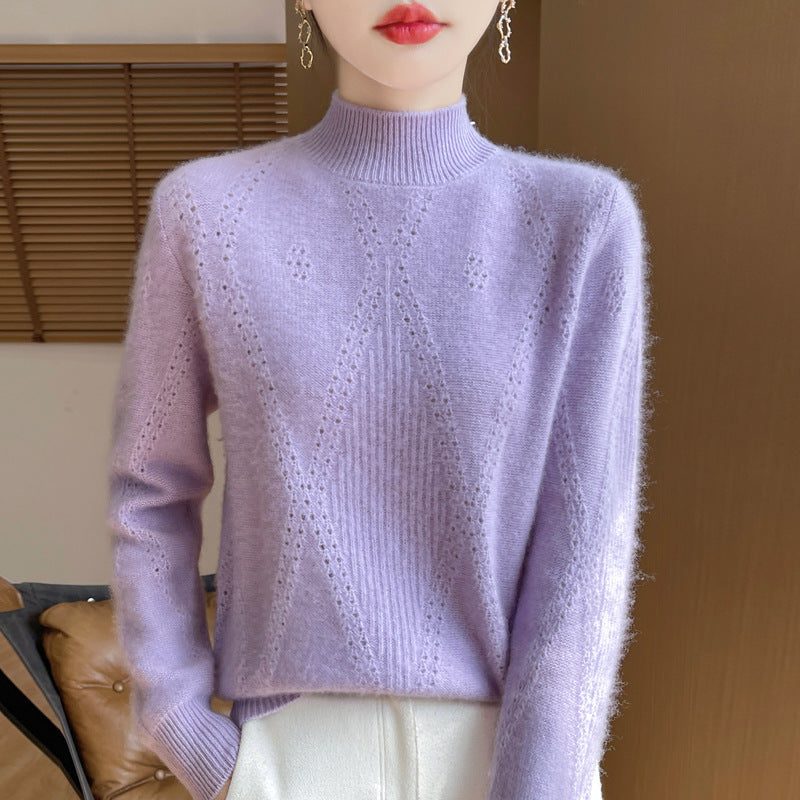 Cashmere Fine Knit Turtleneck Sweater with Openwork Chevron for Women - Taro Lilac