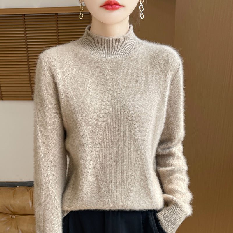 Cashmere Fine Knit Turtleneck Sweater with Openwork Chevron for Women - Velour Camel