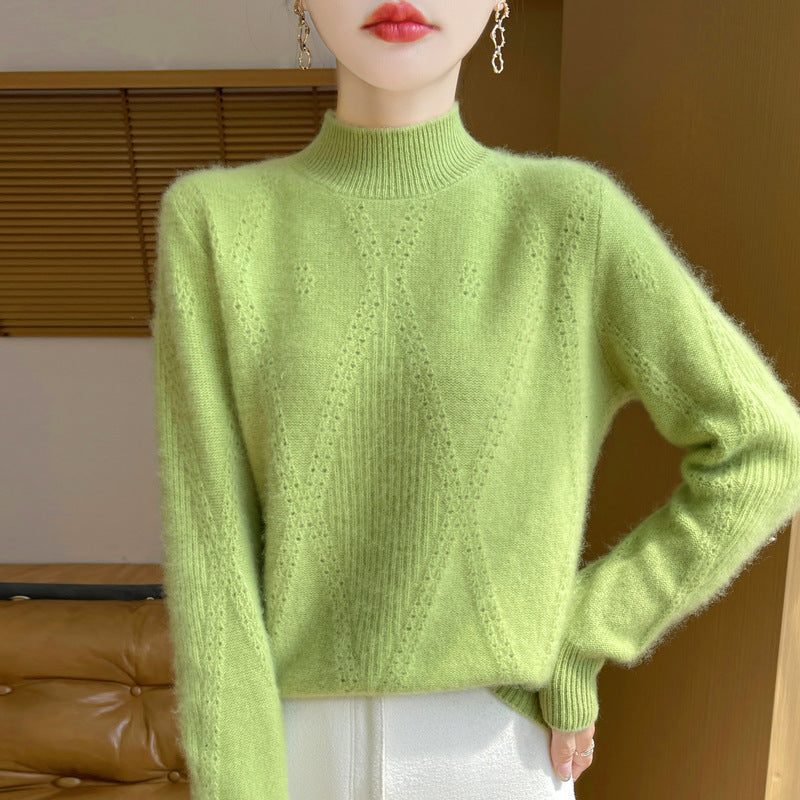 Cashmere Fine Knit Turtleneck Sweater with Openwork Chevron for Women - Fruit Green