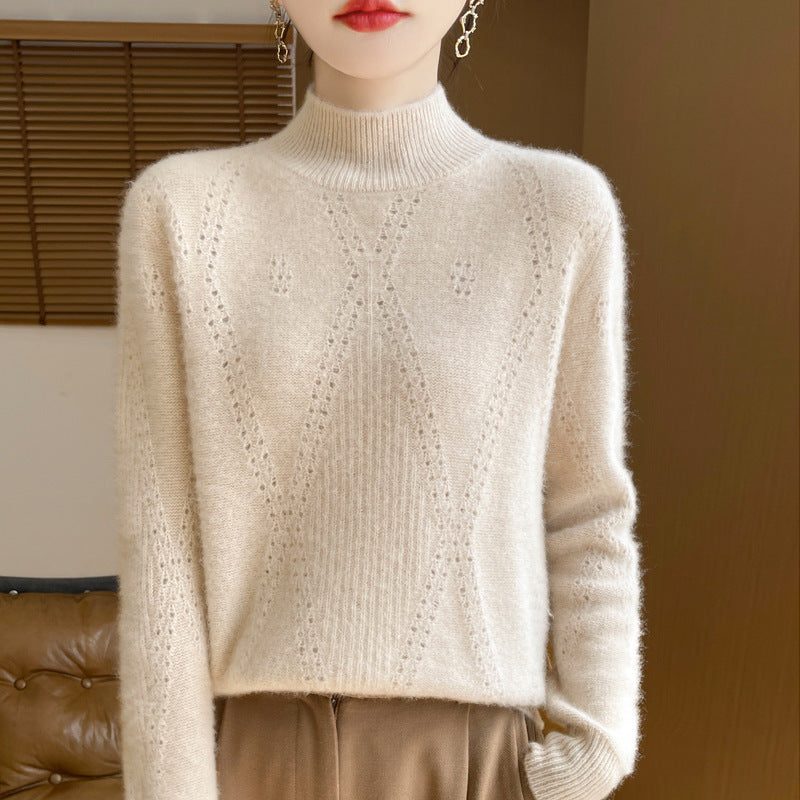 Cashmere Fine Knit Turtleneck Sweater with Openwork Chevron for Women - Velvet Beige