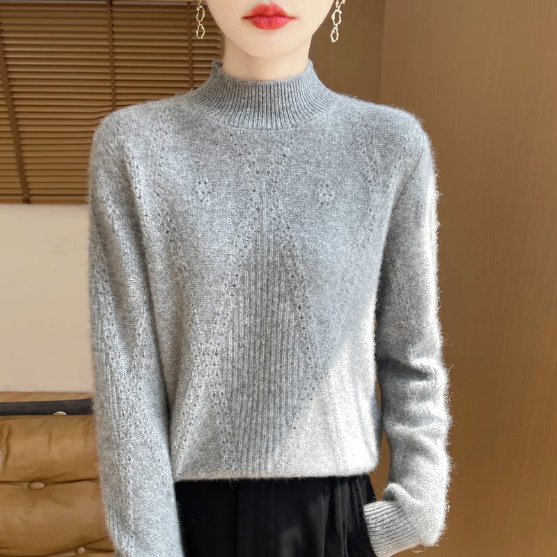Cashmere Fine Knit Turtleneck Sweater with Openwork Chevron for Women - Gray