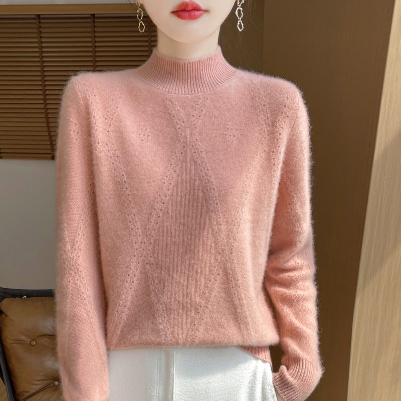 Cashmere Fine Knit Turtleneck Sweater with Openwork Chevron for Women - Rose