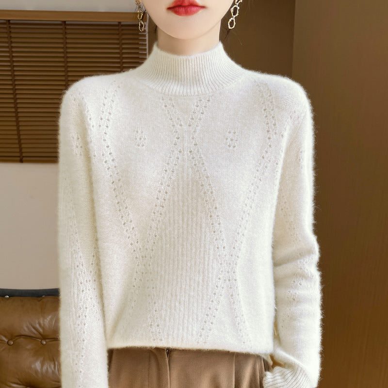 Cashmere Fine Knit Turtleneck Sweater with Openwork Chevron for Women - White