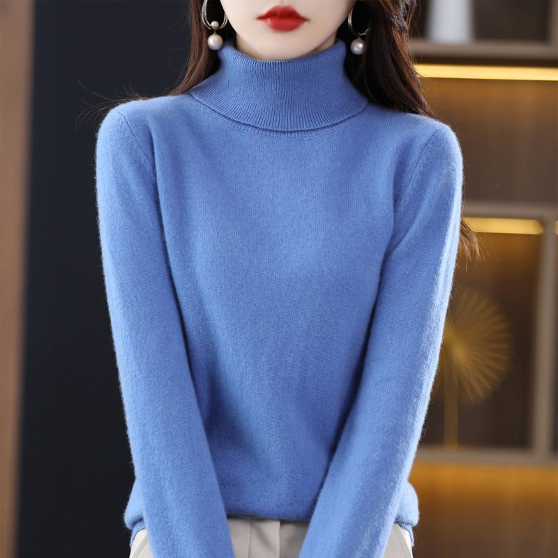 Cashmere Knit Turtleneck Sweater Slim Fit for Women - Sea Blue