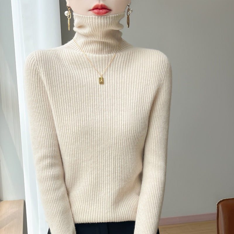 Cashmere-Like Ribbed Knit Turtleneck Sweater Slim Fit for Women - Beige