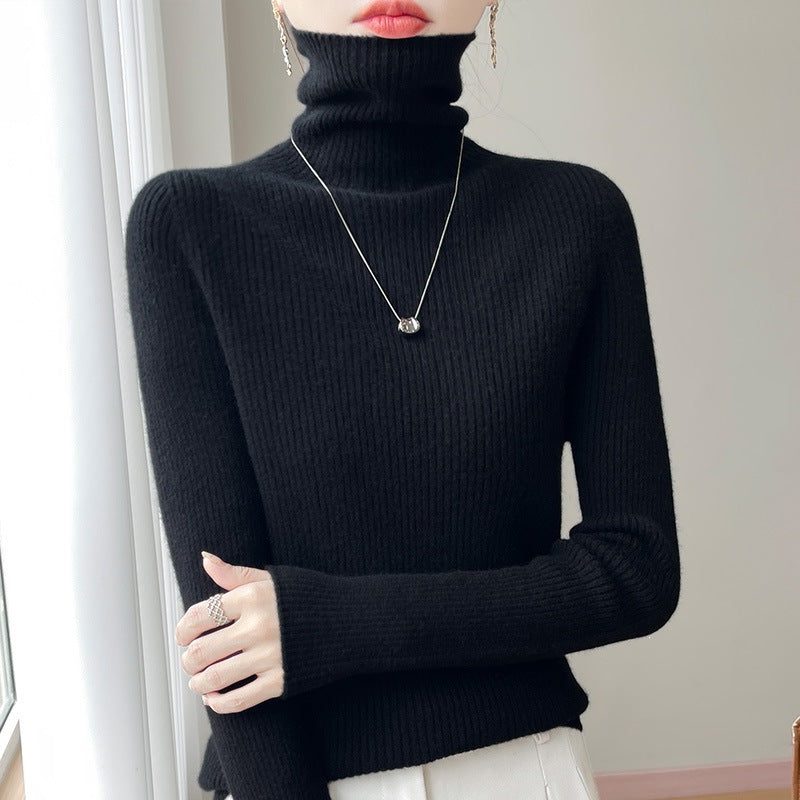 Cashmere-Like Ribbed Knit Turtleneck Sweater Slim Fit for Women - Black
