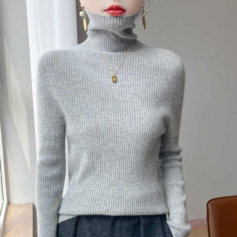 Cashmere-Like Ribbed Knit Turtleneck Sweater Slim Fit for Women - Gray