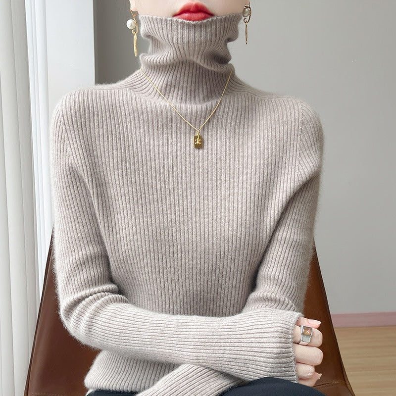 Cashmere-Like Ribbed Knit Turtleneck Sweater Slim Fit for Women - Camel Brown