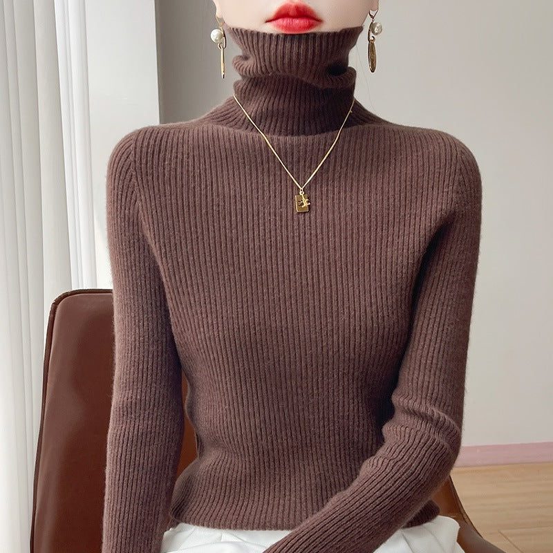 Cashmere-Like Ribbed Knit Turtleneck Sweater Slim Fit for Women - Coffee Brown