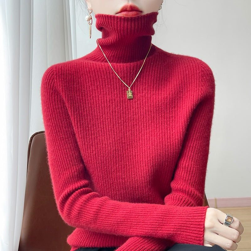 Cashmere-Like Ribbed Knit Turtleneck Sweater Slim Fit for Women - Cherry Red