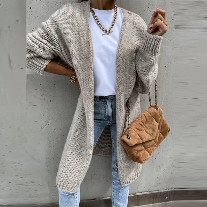 Cashmere Ribbed Knit Long Cardigan for Women - Gray