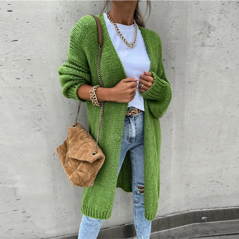 Cashmere Ribbed Knit Long Cardigan for Women - Green