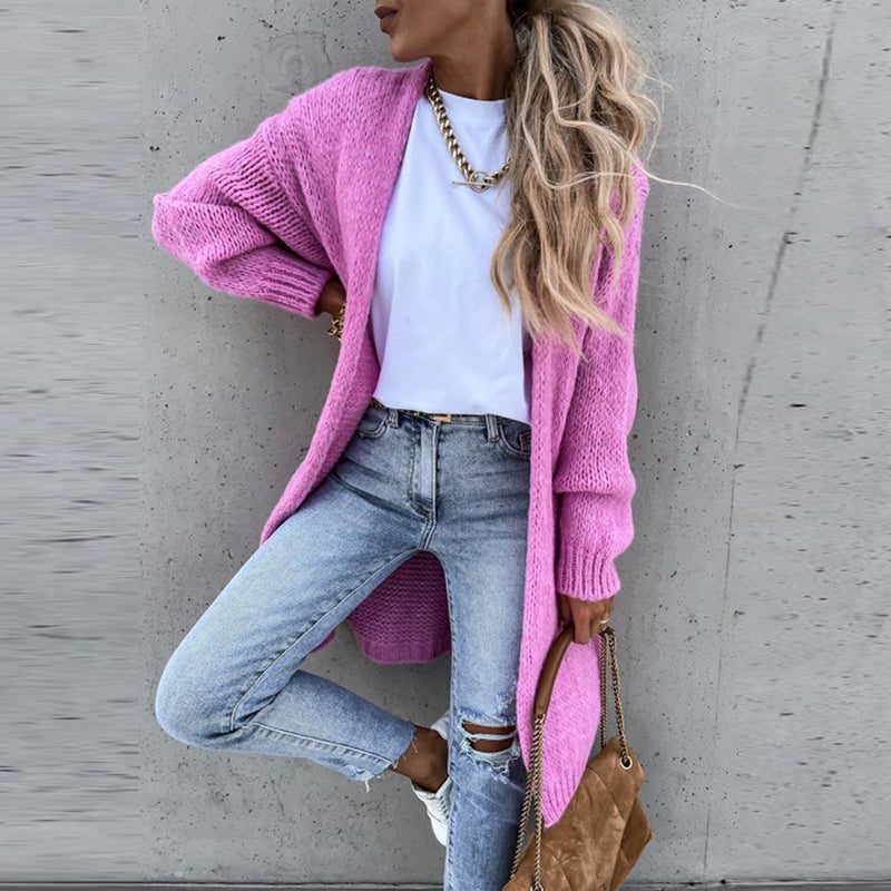 Cashmere Ribbed Knit Long Cardigan for Women - Pink