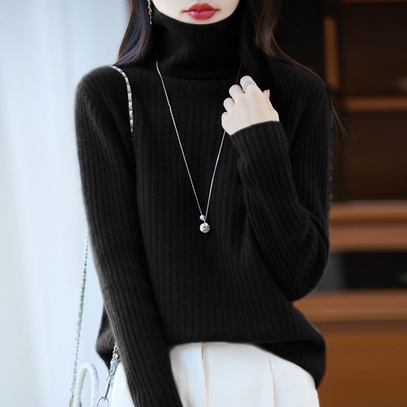 Cashmere Ribbed Knit Turtleneck Sweater for Women - Black