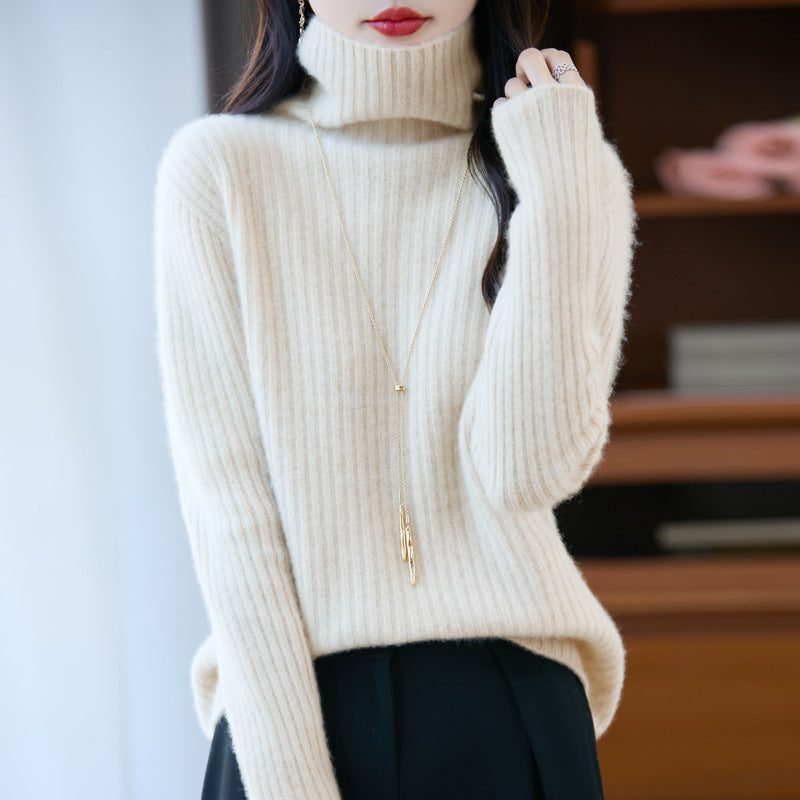 Cashmere Ribbed Knit Turtleneck Sweater for Women - Beige