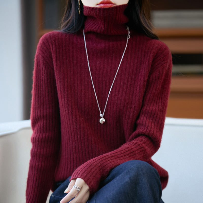 Cashmere Ribbed Knit Turtleneck Sweater for Women - Ancora-Red