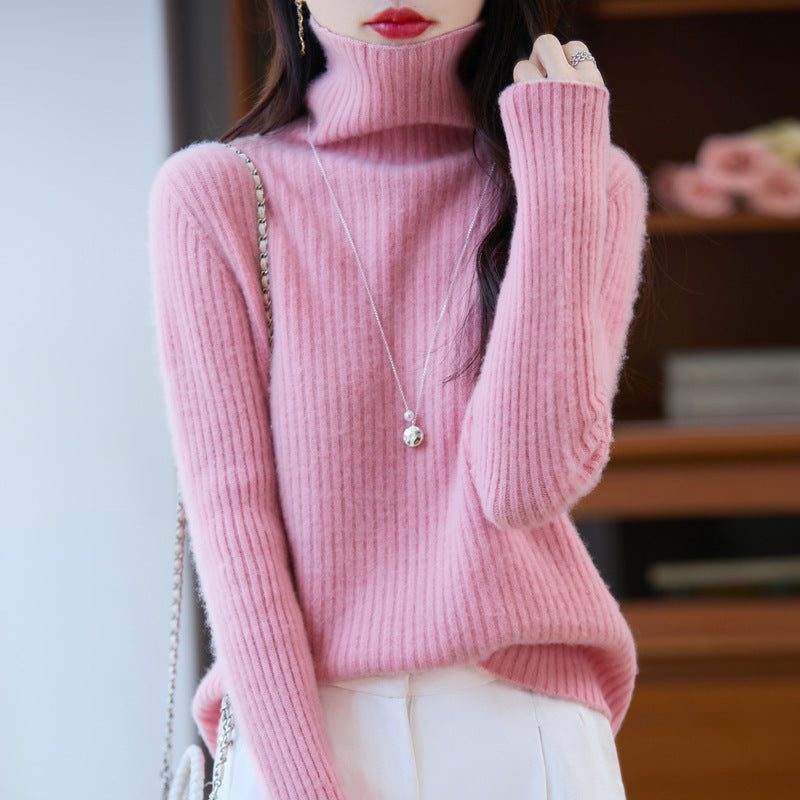 Cashmere Ribbed Knit Turtleneck Sweater for Women - Rose