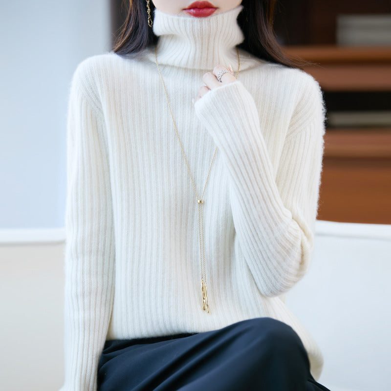 Cashmere Ribbed Knit Turtleneck Sweater for Women - White