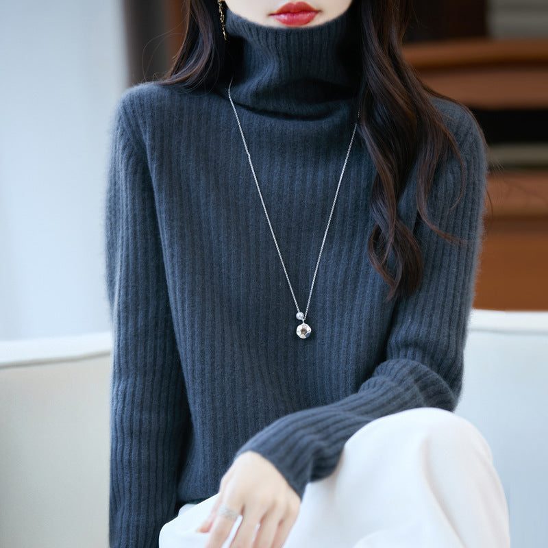 Cashmere Ribbed Knit Turtleneck Sweater for Women - Elephant Gray