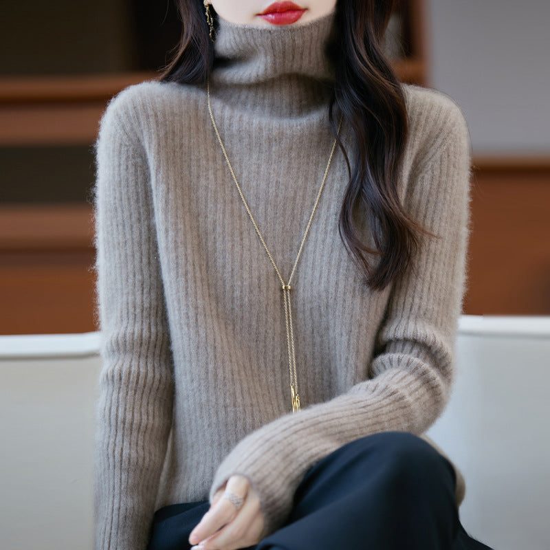 Cashmere Ribbed Knit Turtleneck Sweater for Women - Camel Brown