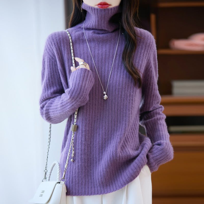 Cashmere Ribbed Knit Turtleneck Sweater for Women - Violet