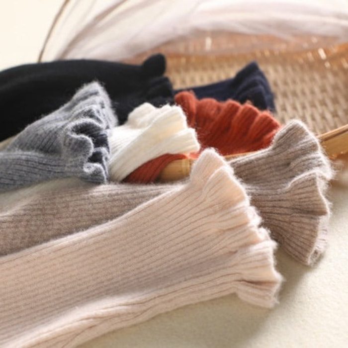 Cashmere Ribbed Knit Turtleneck Sweater with Ruffled Cuffs for Women - View 4