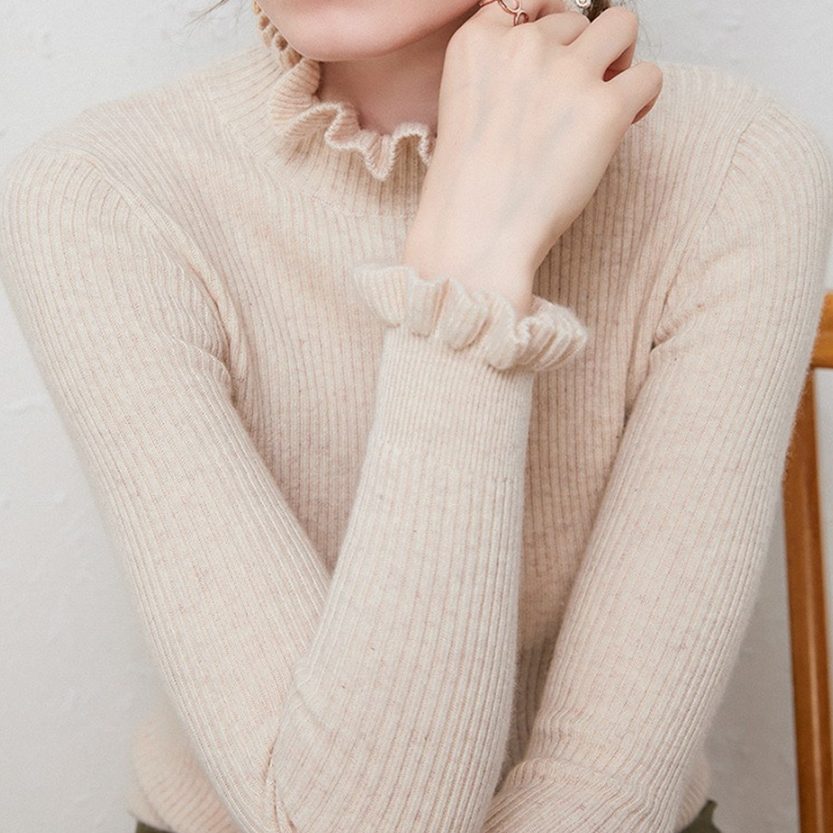 Cashmere Ribbed Knit Turtleneck Sweater with Ruffled Cuffs for Women - Beige