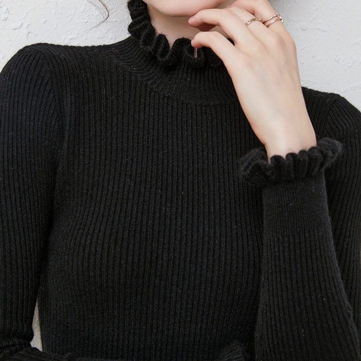 Cashmere Ribbed Knit Turtleneck Sweater with Ruffled Cuffs for Women - Black
