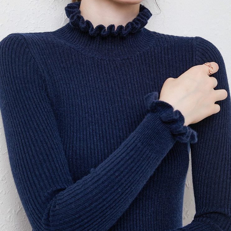 Cashmere Ribbed Knit Turtleneck Sweater with Ruffled Cuffs for Women - Blue