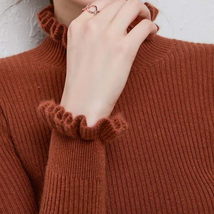 Cashmere Ribbed Knit Turtleneck Sweater with Ruffled Cuffs for Women - Auburn
