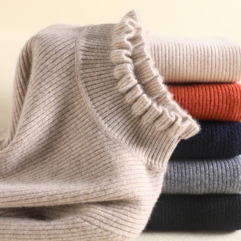 Cashmere Ribbed Knit Turtleneck Sweater with Ruffled Cuffs for Women - View 2
