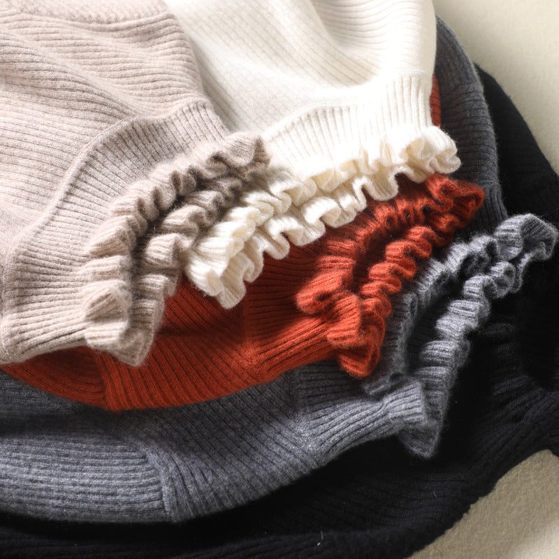 Cashmere Ribbed Knit Turtleneck Sweater with Ruffled Cuffs for Women - View 3
