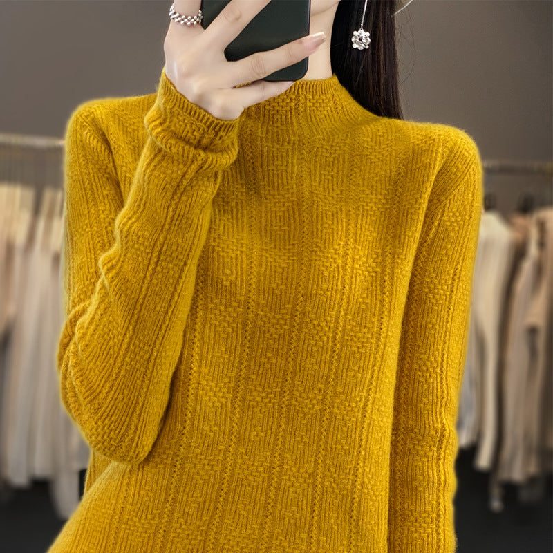 Cashmere Sweater with Ribbed Knit Turtleneck for Women - Ginger Yellow