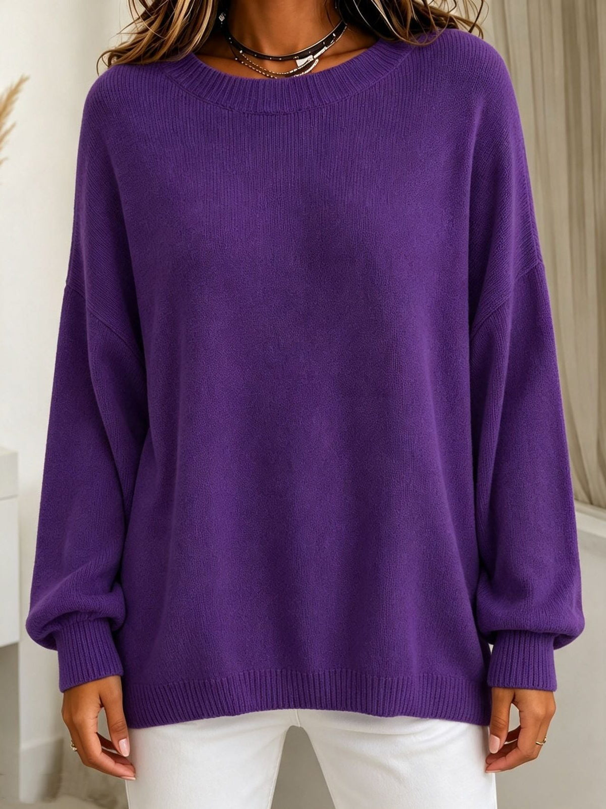 Cashmere Touch Ribbed Knit Sweater with Dropped Shoulders for Women - Violet