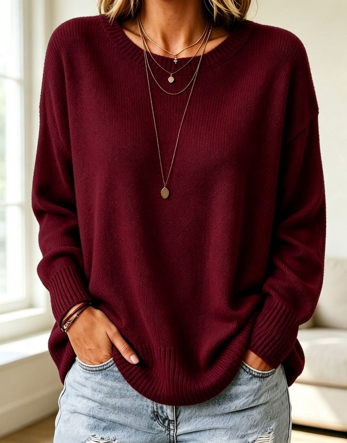 Cashmere Touch Ribbed Knit Sweater with Dropped Shoulders for Women - Wine Red