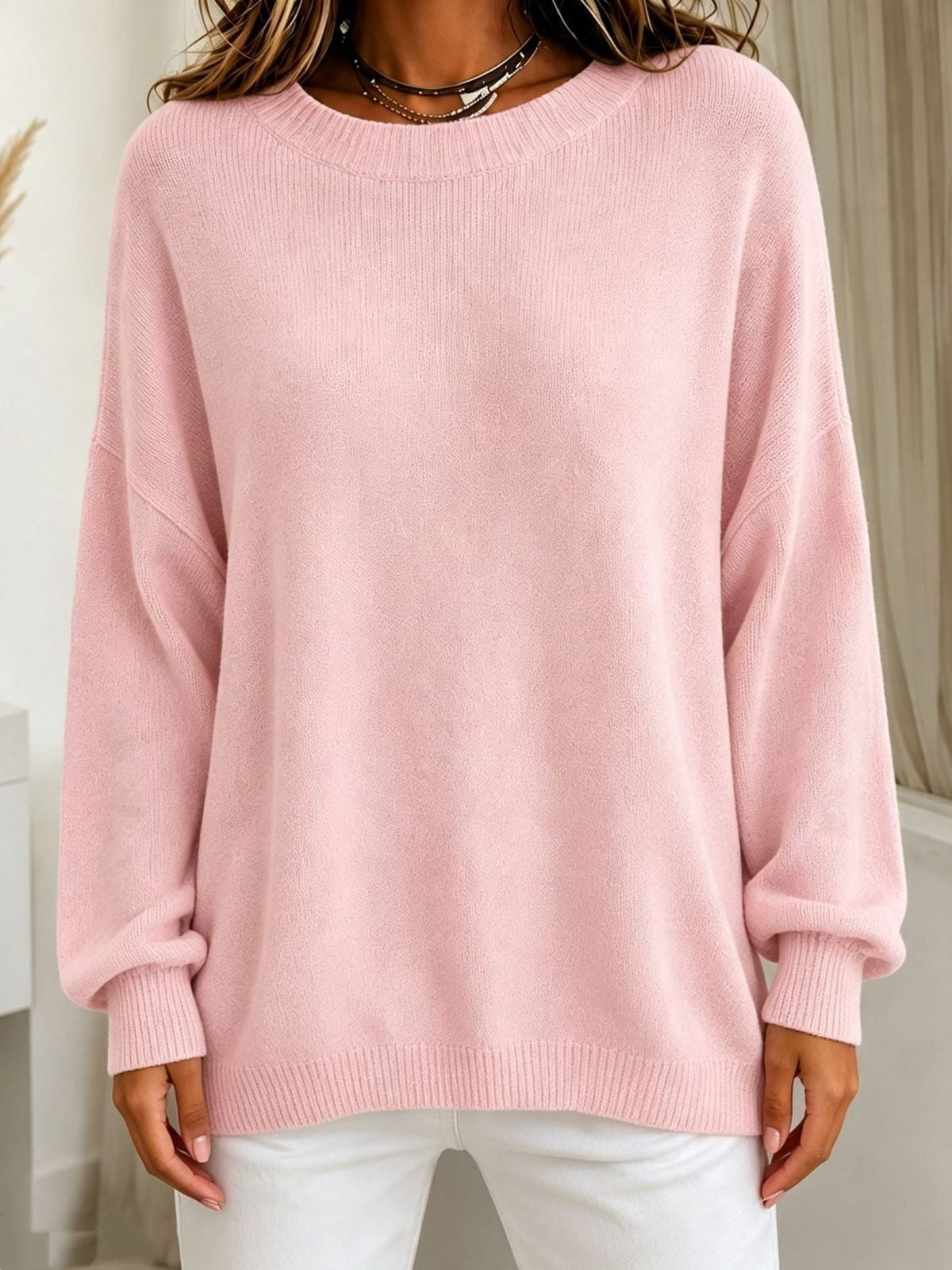 Cashmere Touch Ribbed Knit Sweater with Dropped Shoulders for Women - Rose