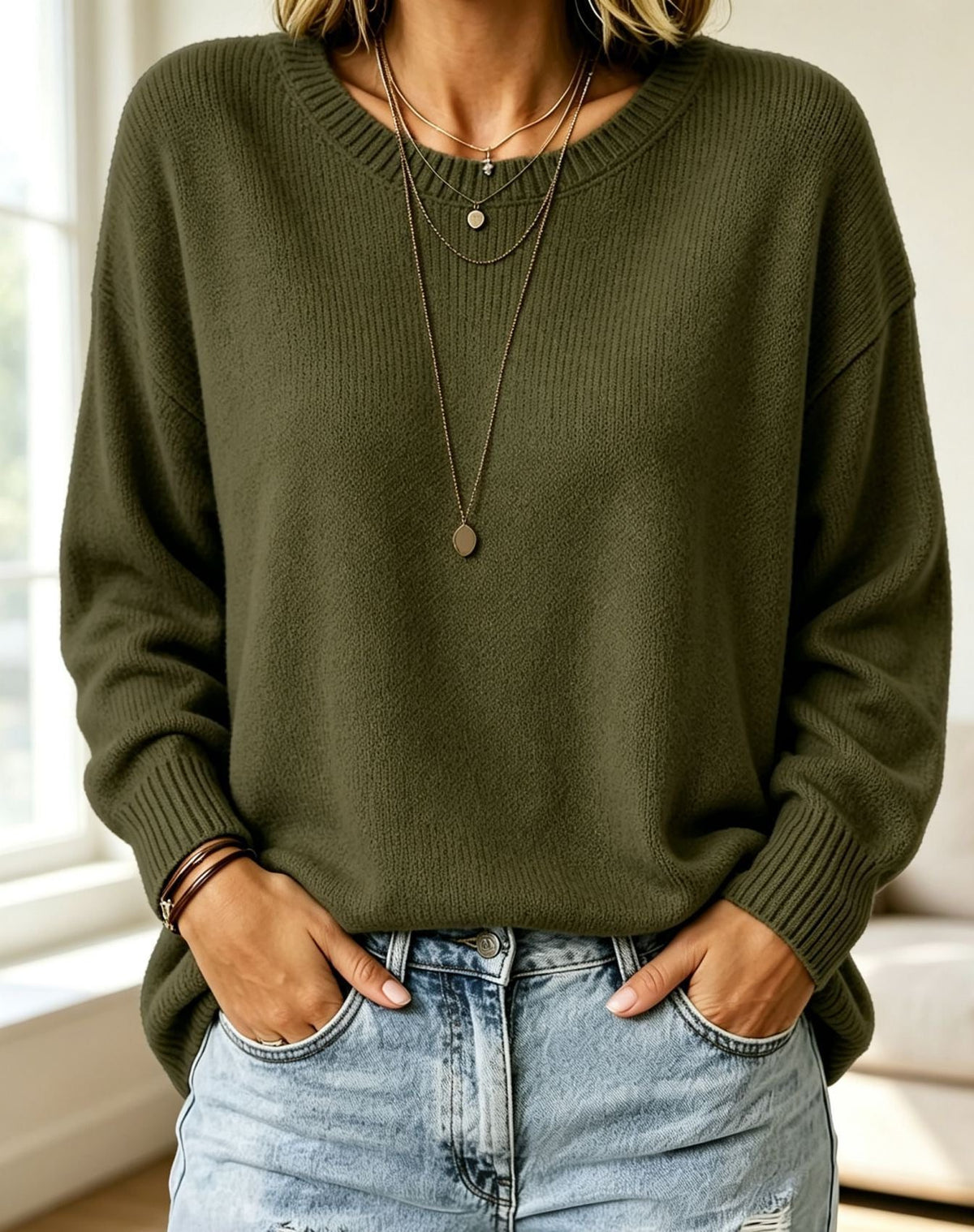 Cashmere Touch Ribbed Knit Sweater with Dropped Shoulders for Women - Military Green