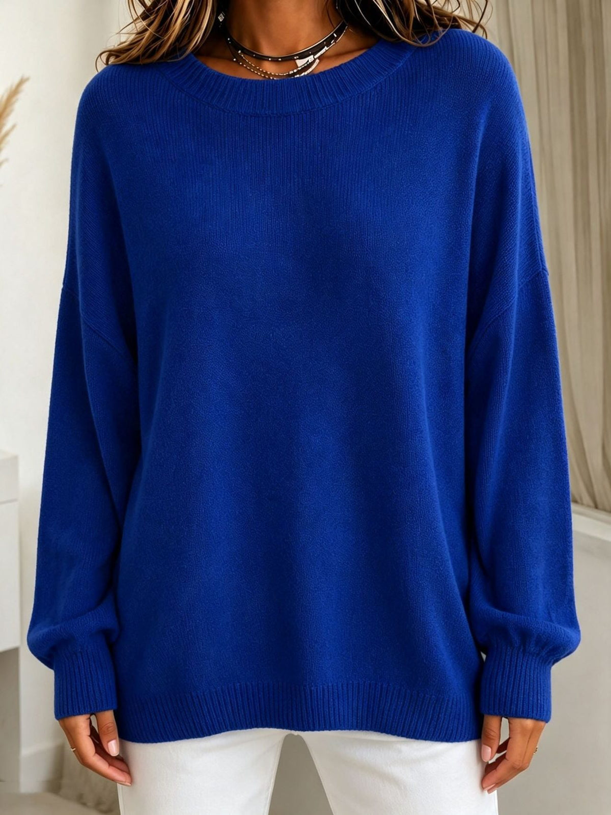 Cashmere Touch Ribbed Knit Sweater with Dropped Shoulders for Women - Cobalt Blue