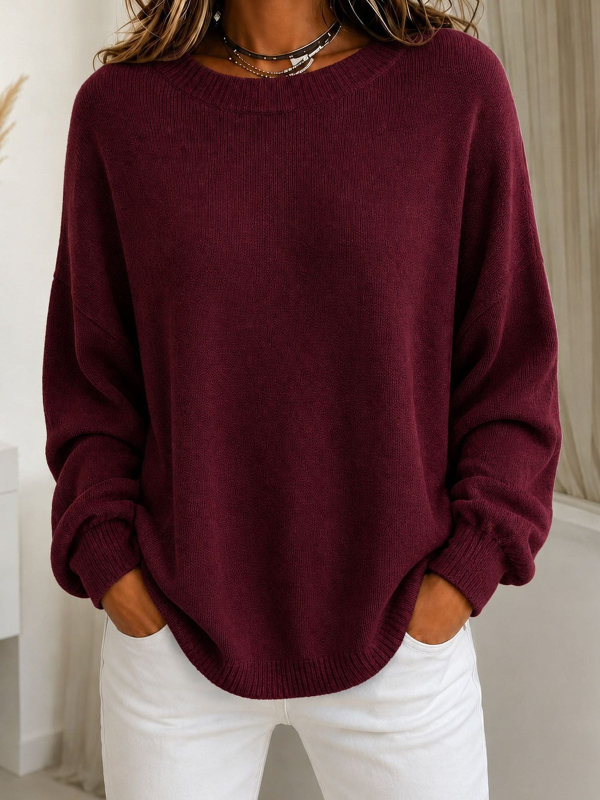 Cashmere Touch Ribbed Knit Sweater with Dropped Shoulders for Women - Dark Wine Red