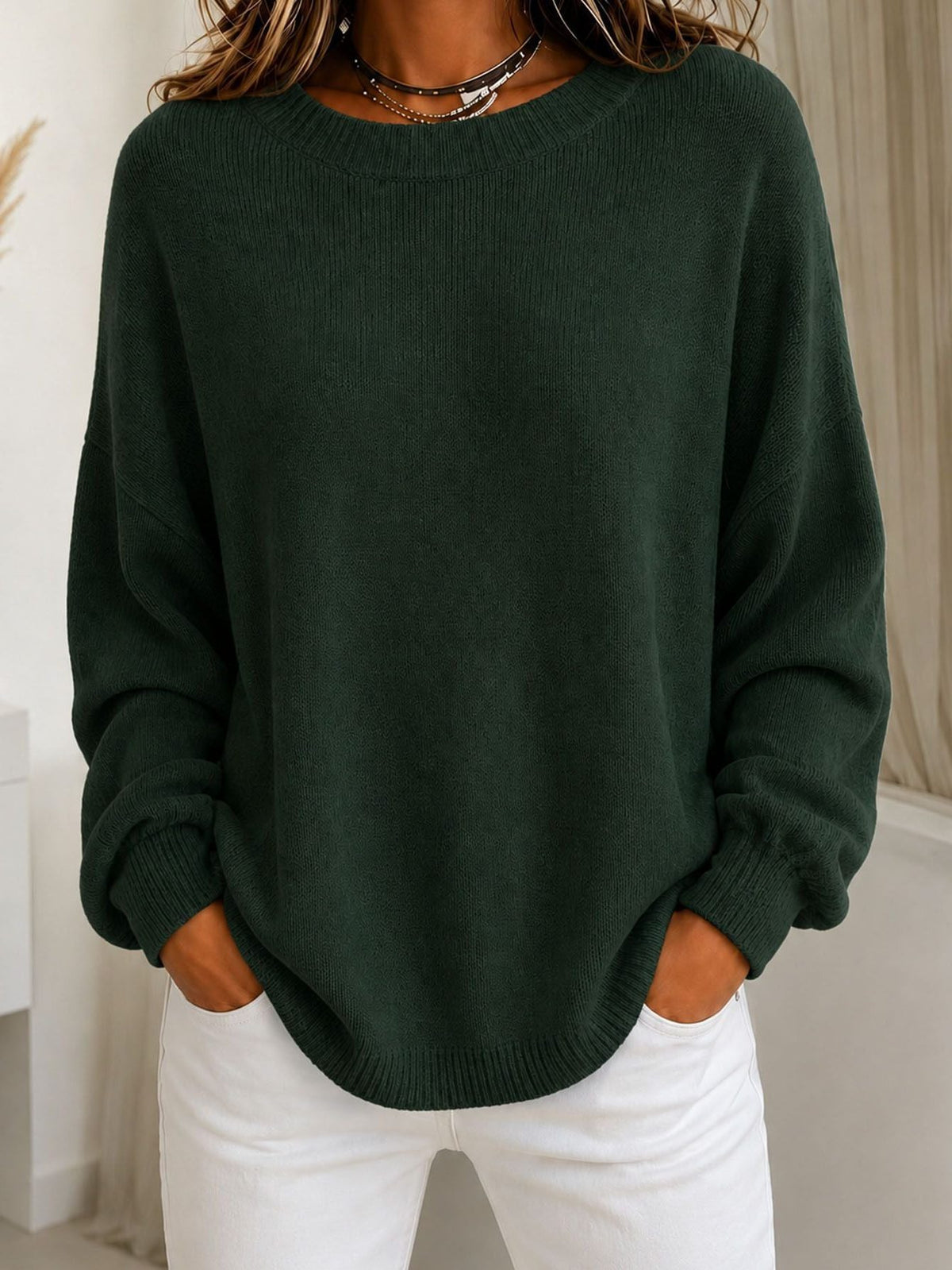 Cashmere Touch Ribbed Knit Sweater with Dropped Shoulders for Women - Dark Green